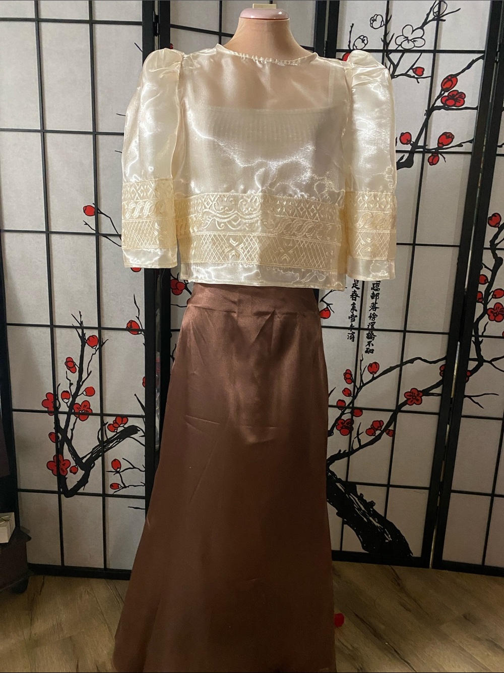 Filipiniana Mestiza Blouse with Satin A-Line Brown Skirt